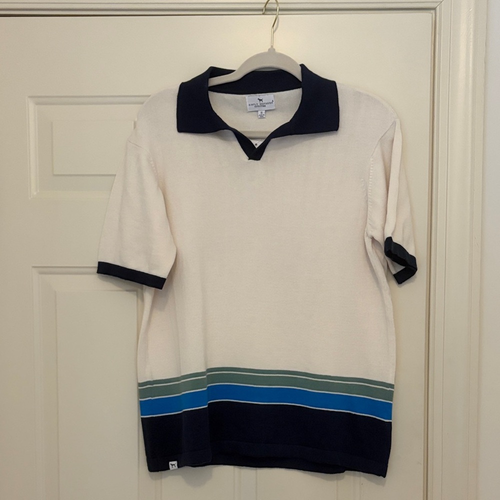 Simply Southern Men's Cream Polo Sweater with Multicolor Stripe Tag/NWT/S
